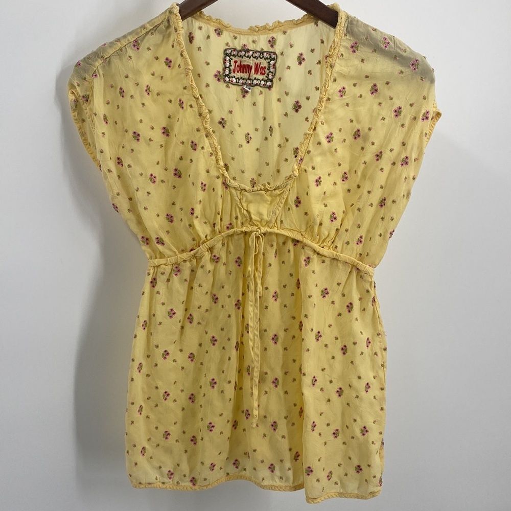 Johnny Was Embroidered Floral Yellow Blouse XS